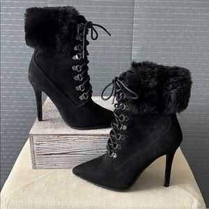 Qupid Lace-Up Faux Fur Suede Booties